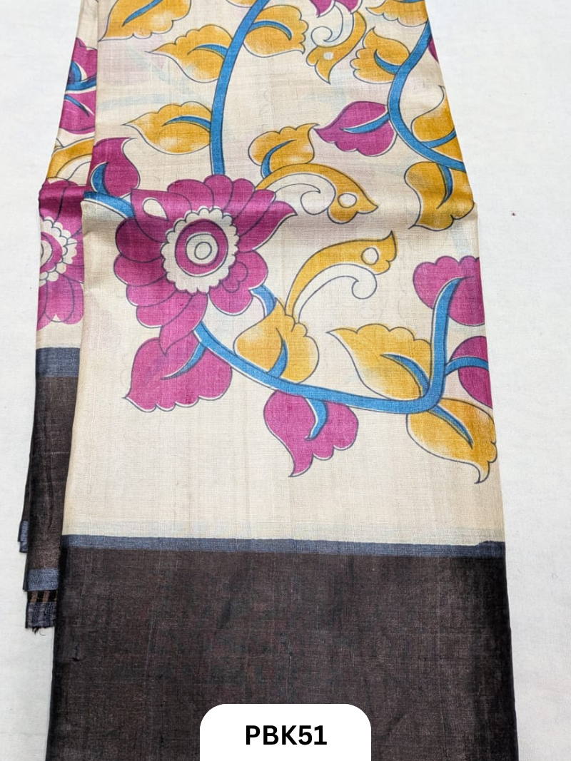 Premium Pure Tussar Silk Handblock Print Saree – Kolkata Special
