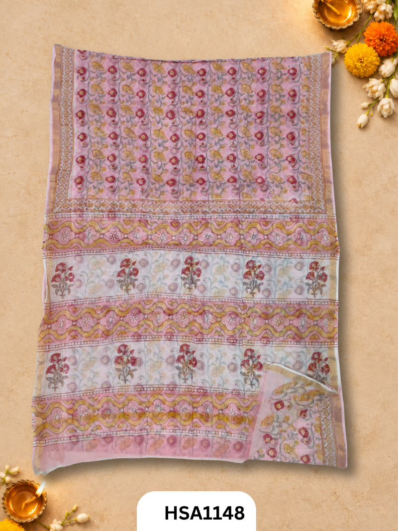 Hand Block Printed Kota Doriya Saree with Blouse