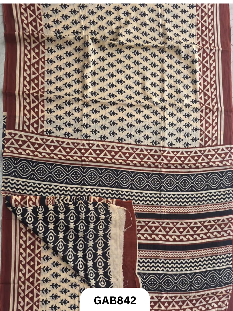 Bagru Block Print Cotton Mulmul Sarees With Running Blouse