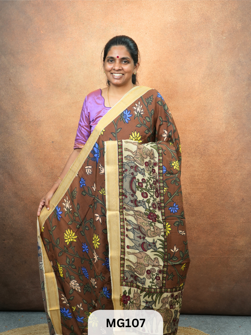 Handloom Mangalagiri with Digital Kalamkari Print Sarees