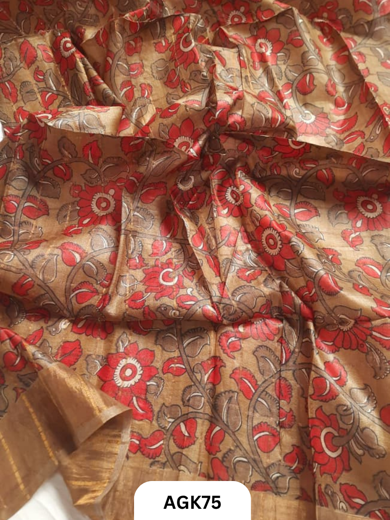 Premium Check Tussar Blouse Piece with Kalamkari Print – 80 CM