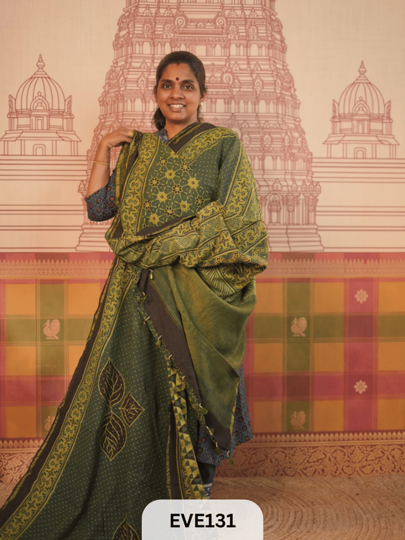 PURE CHANDERI SILK AJRAKH HANDBLOCK SAREE