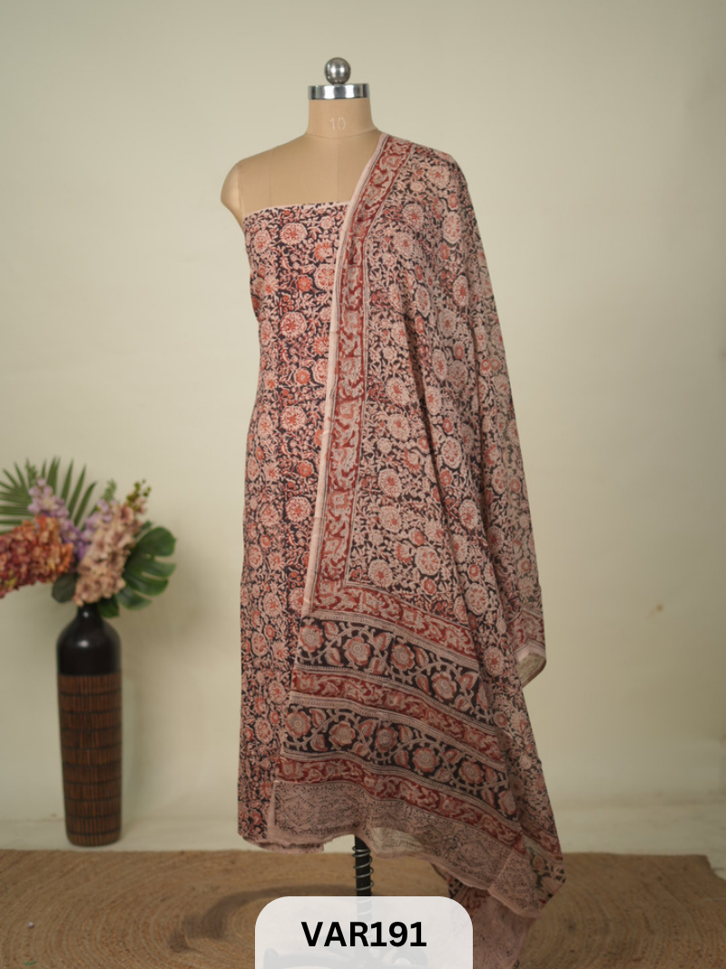 PURE HANDBLOCK KALAMKARI COTTON-2 PCS-TOP & DUPPATA