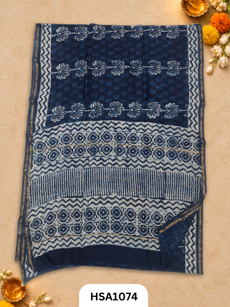 Pure Hand Block Printed Chanderi Silk Saree With Printed Blouse