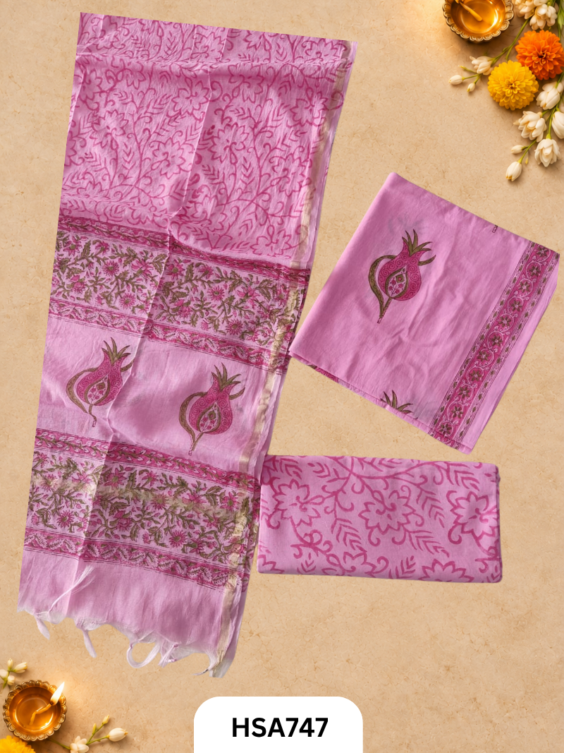 HandBlock Printed Chanderi Silk Dupatta With Cotton Suits -Top 2.5M Duptta 2.5M