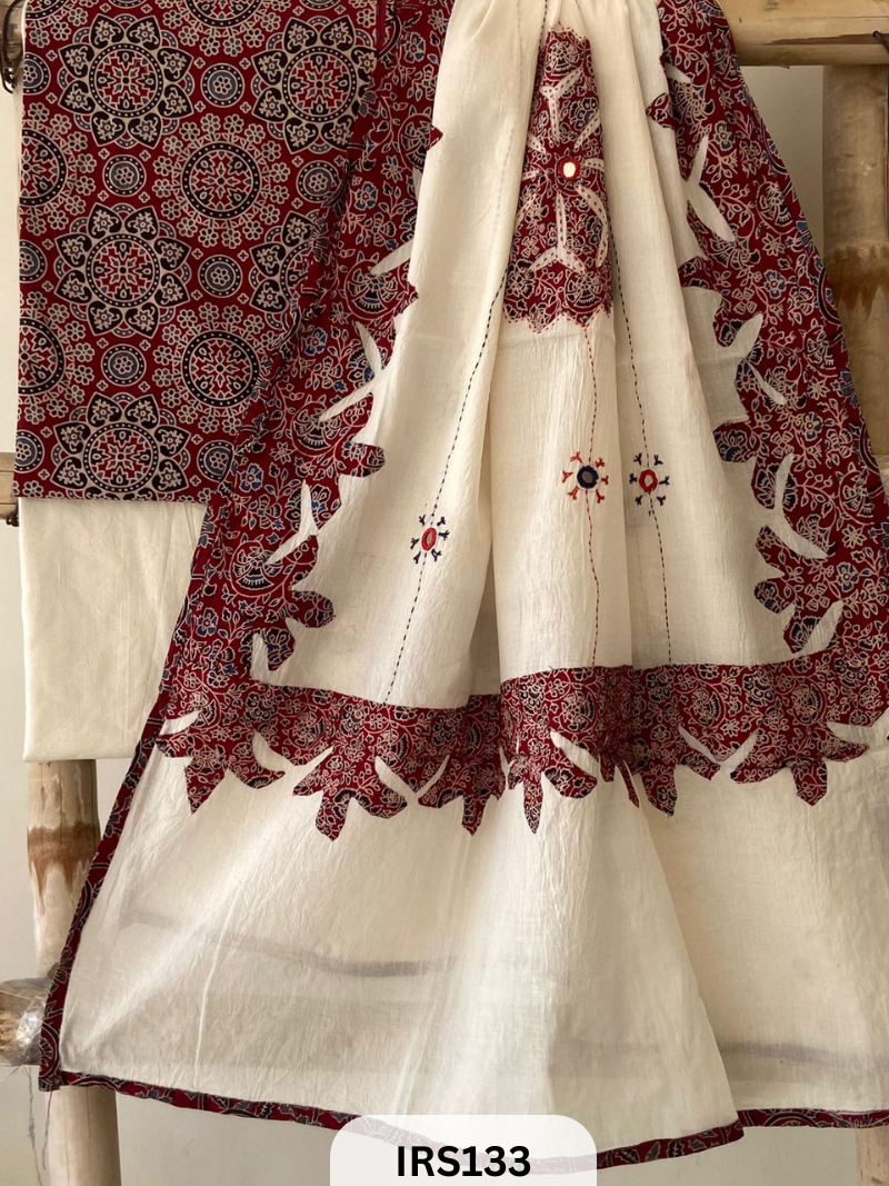 AJARAKH PRINT SUIT PCS WITH PATCH WORK AND MIRROR WORK DUPATTA