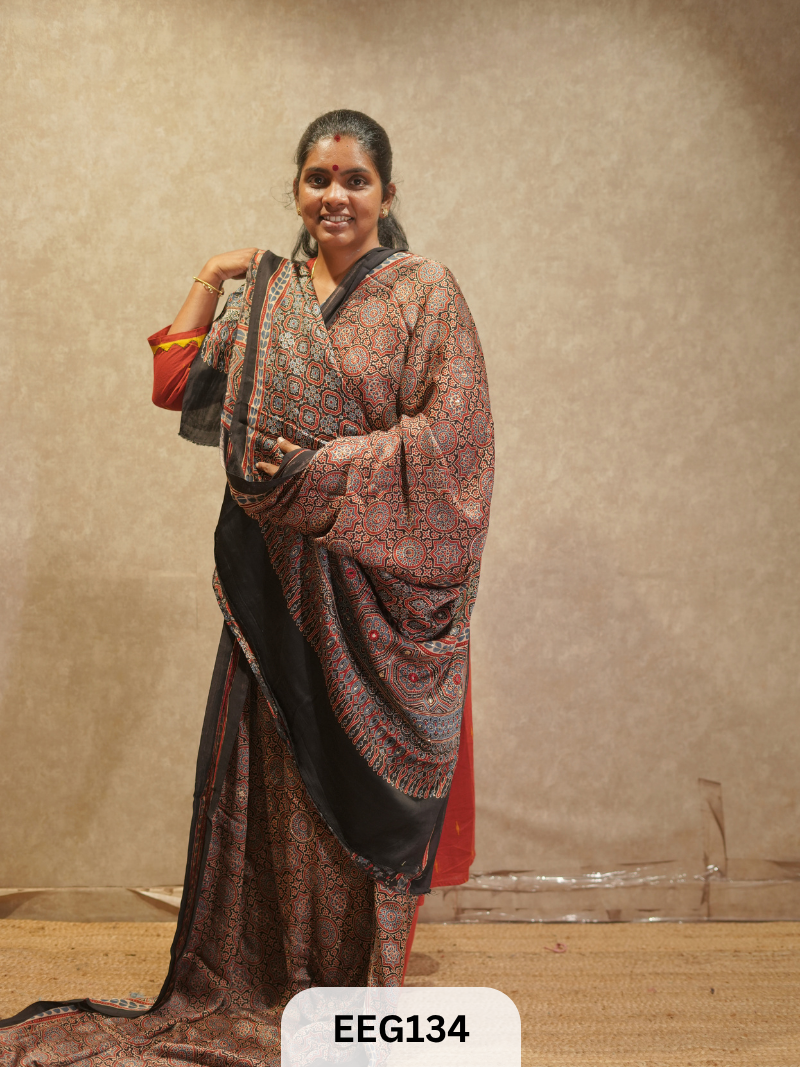 AJRAKH MODAL SAREE WITH KHATLI HANDWORK
