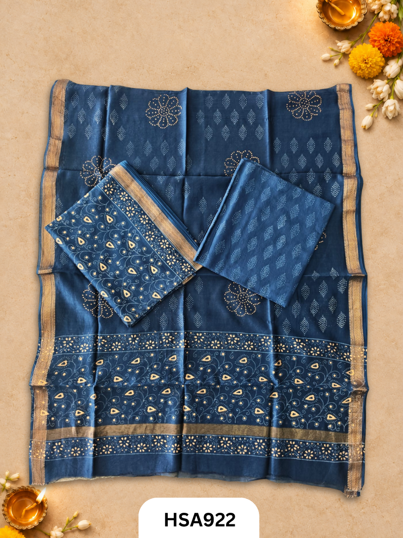 HandBlock Printed Maheshwari Silk Zari Border Top & dupttas 2.5 Mtrs | Bottom cotton 2.50 mtrs