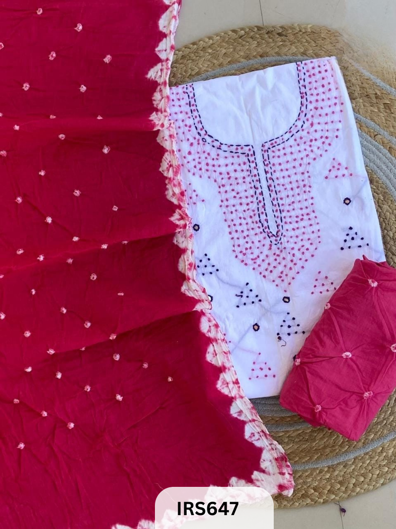 HAND GITHAN WORK AND EMBROIDERY TOP WITH BANDHANI BOTTOM AND DUPATTA