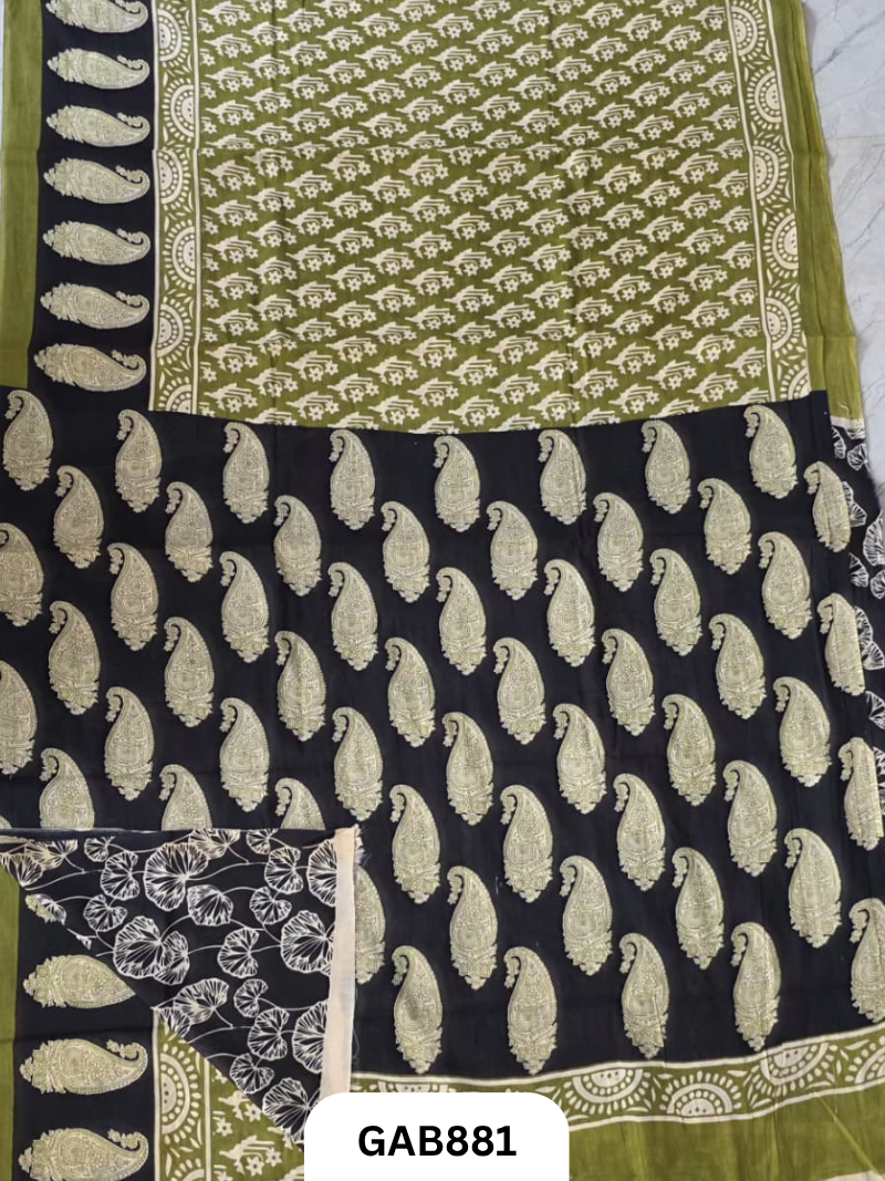 Bagru Block Print Cotton Mulmul Sarees With Running Blouse