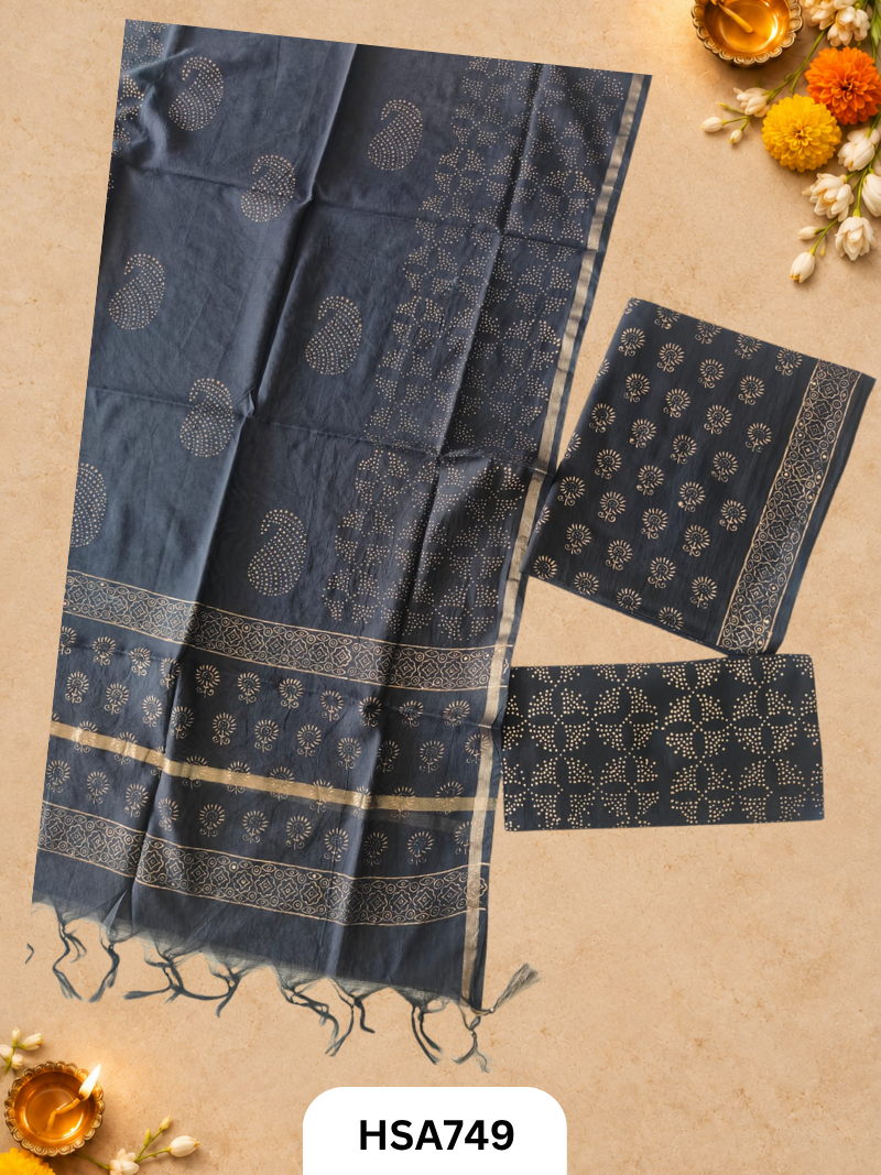 HandBlock Printed Chanderi Silk Dupatta With Cotton Suits -Top 2.5M Duptta 2.5M