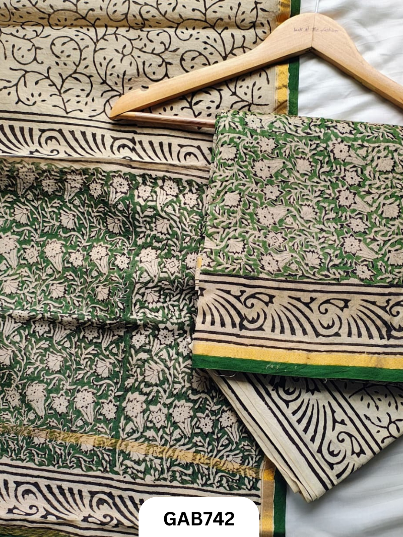 Hand Block Chanderi Silk Dress Materials Top 2.5 Mtrs Duptta 2.5 Mtrs