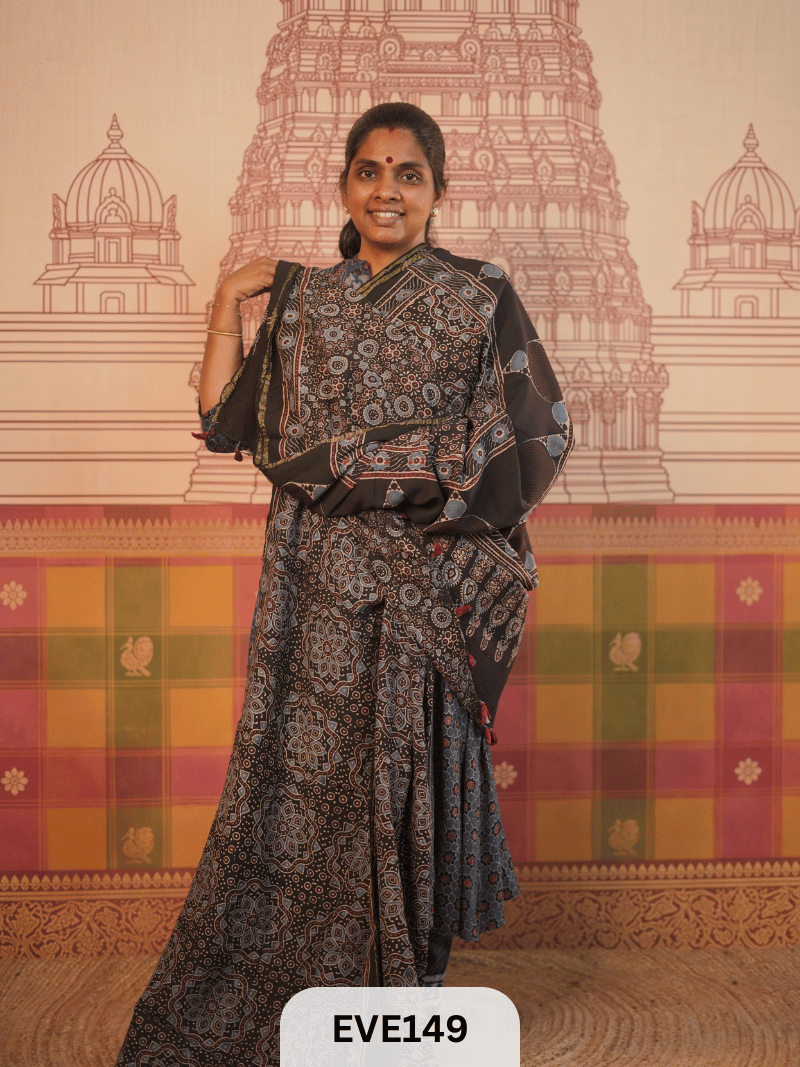 PURE CHANDERI SILK AJRAKH HANDBLOCK SAREE