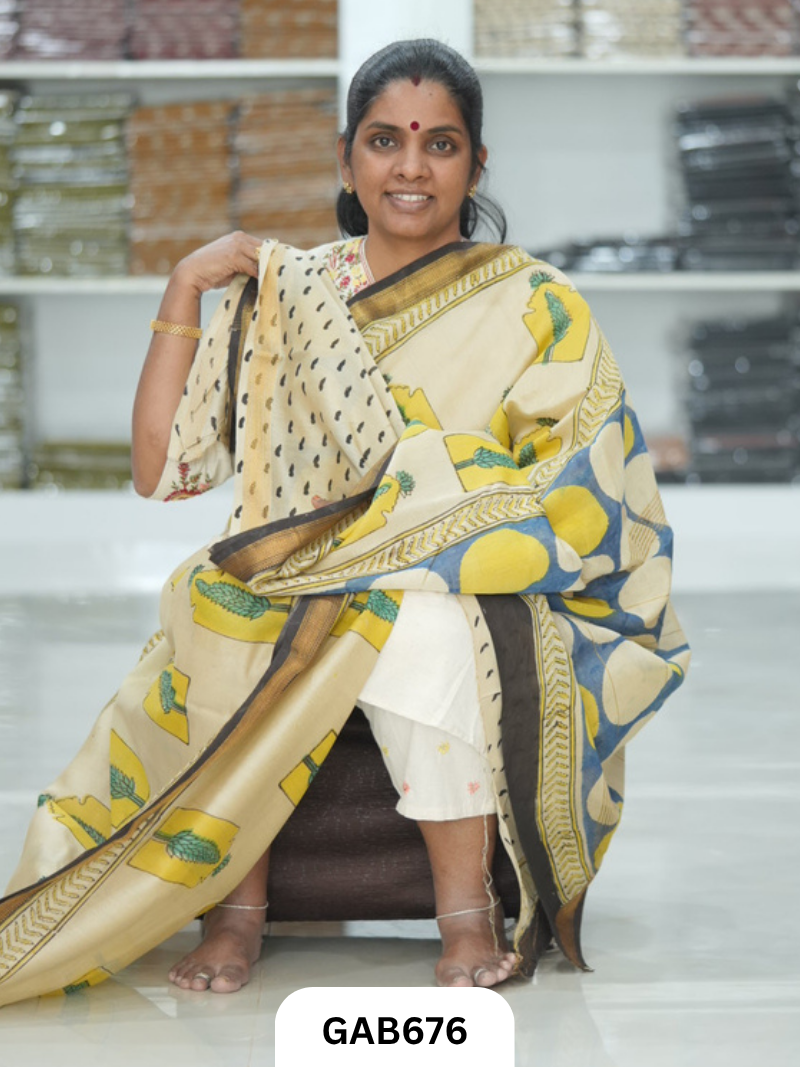 Hand Block Printed Maheshwari Silk Saree