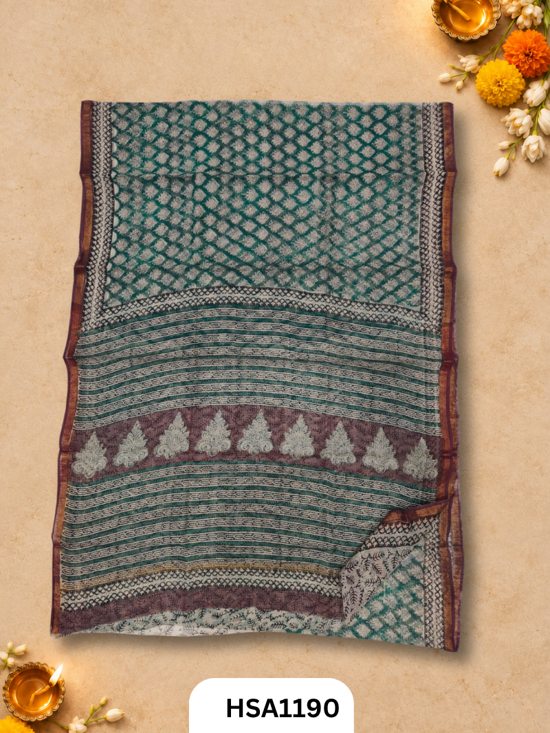 Hand Block Printed Kota Doriya Saree with Blouse