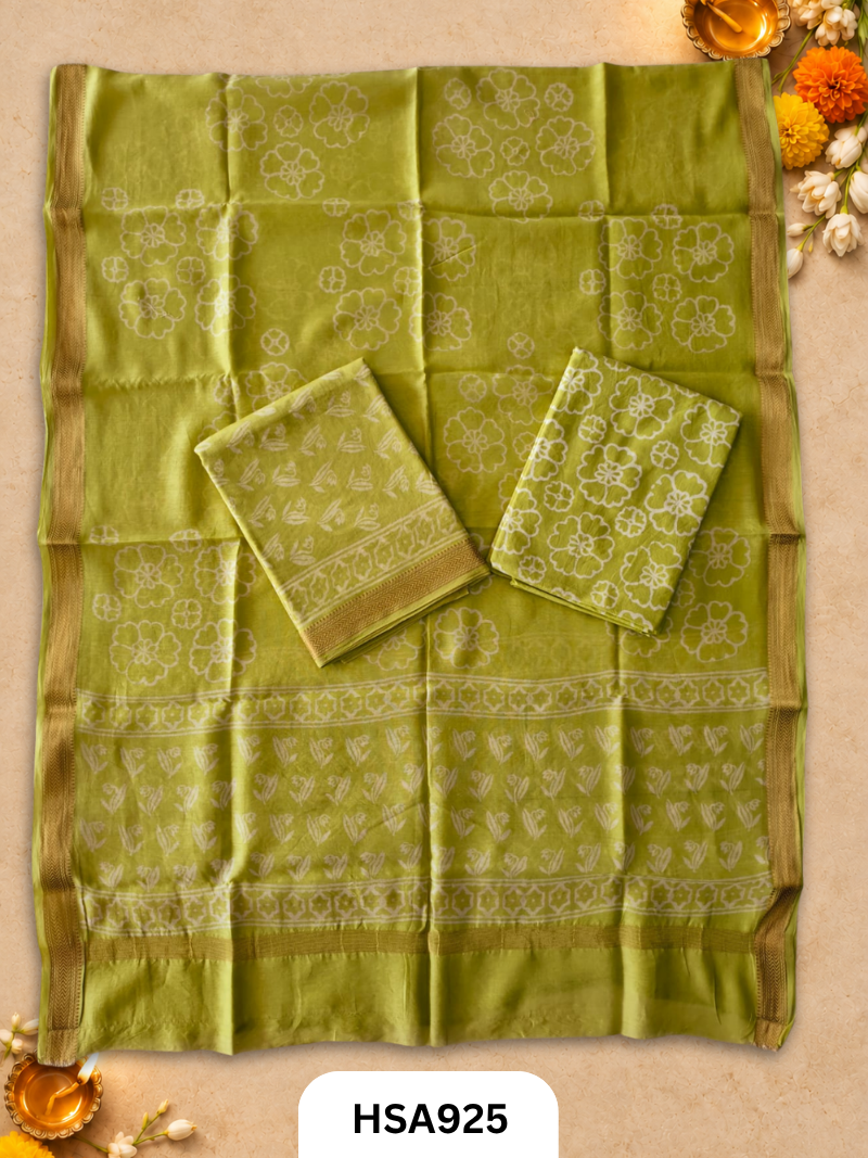 HandBlock Printed Maheshwari Silk Zari Border Top & dupttas 2.5 Mtrs | Bottom cotton 2.50 mtrs