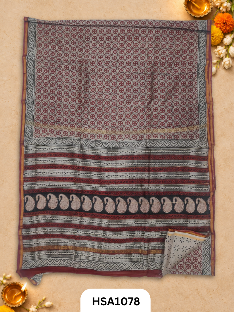 Pure Hand Block Printed Chanderi Silk Saree With Printed Blouse