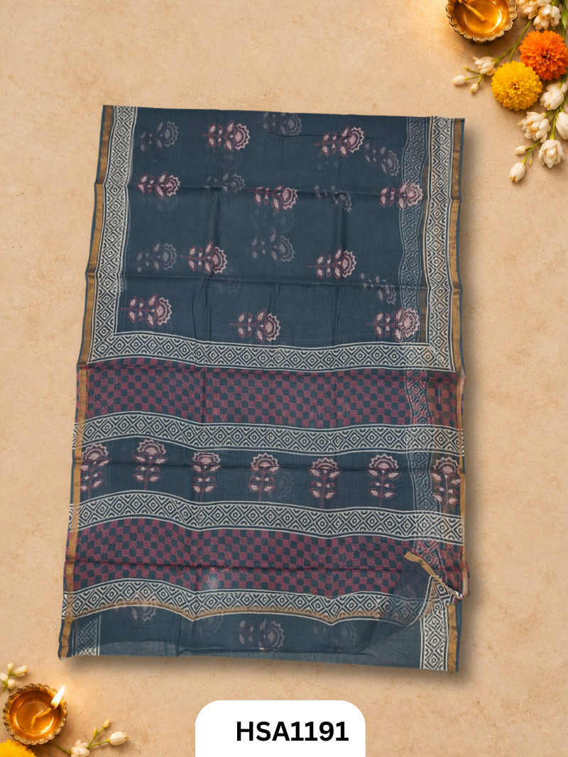 Hand Block Printed Kota Doriya Saree with Blouse