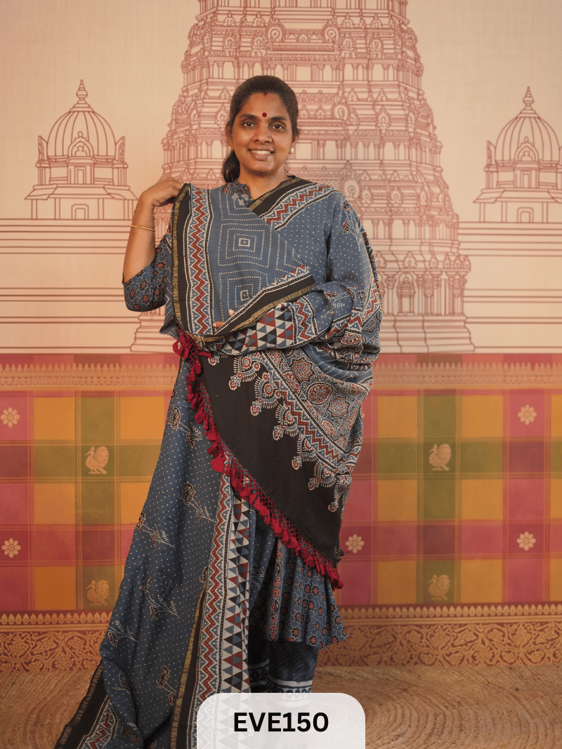 PURE CHANDERI SILK AJRAKH HANDBLOCK SAREE