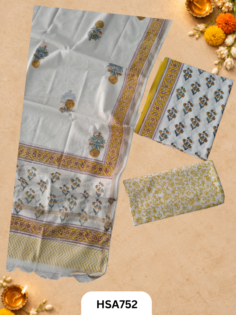 HandBlock Printed Chanderi Silk Dupatta With Cotton Suits -Top 2.5M Duptta 2.5M