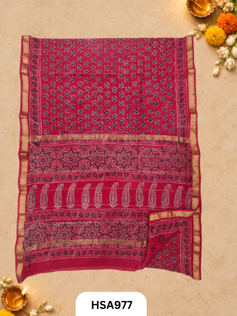 Pure Maheswari Silk Cotton - Handblock Print Saree With Blouse