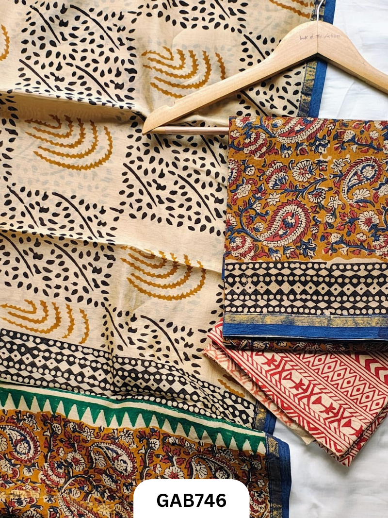 Hand Block Chanderi Silk Dress Materials Top 2.5 Mtrs Duptta 2.5 Mtrs