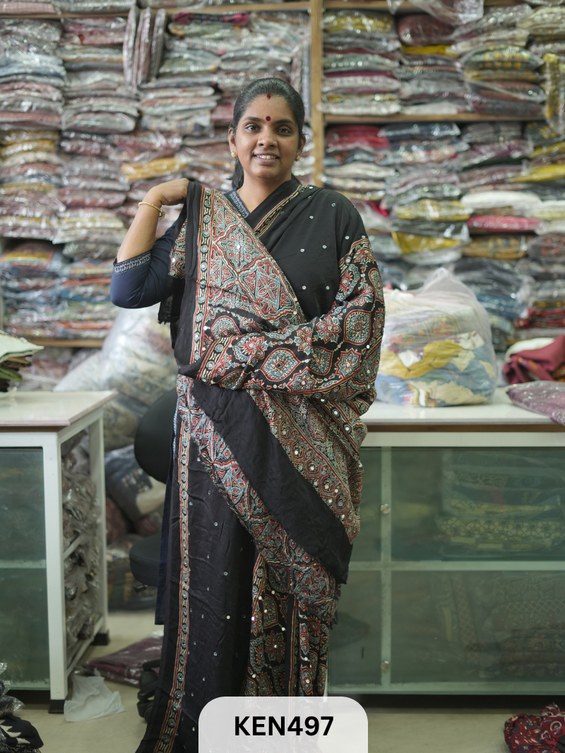 MODAL NATURAL AJRAKH HANDBLOCK SAREE WITH GLUE MIRROR