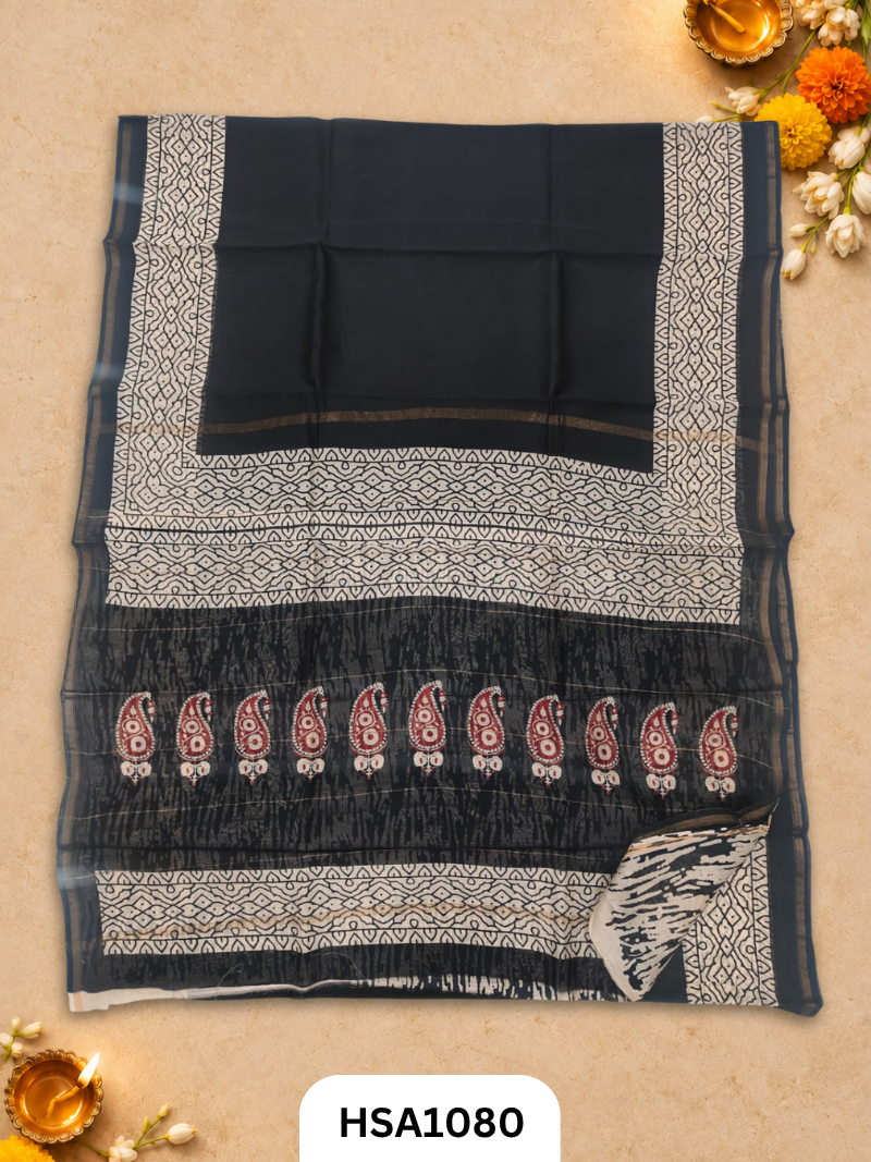 Pure Hand Block Printed Chanderi Silk Saree With Printed Blouse