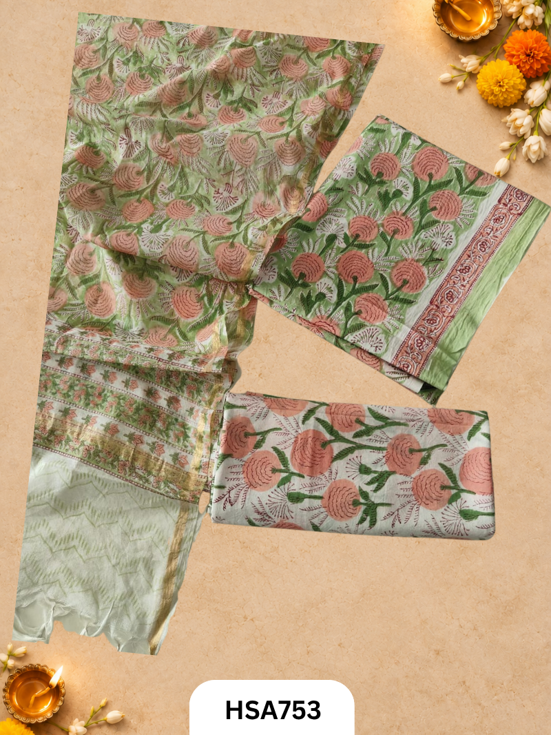 HandBlock Printed Chanderi Silk Dupatta With Cotton Suits -Top 2.5M Duptta 2.5M