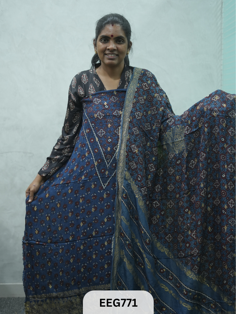 AJRAKH DOLA SILK 2 PCS-UNSTITCHED ( TOP 3.5MTR AND DUPPATA 2.25MTR )