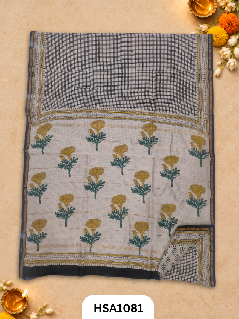 Pure Hand Block Printed Chanderi Silk Saree With Printed Blouse