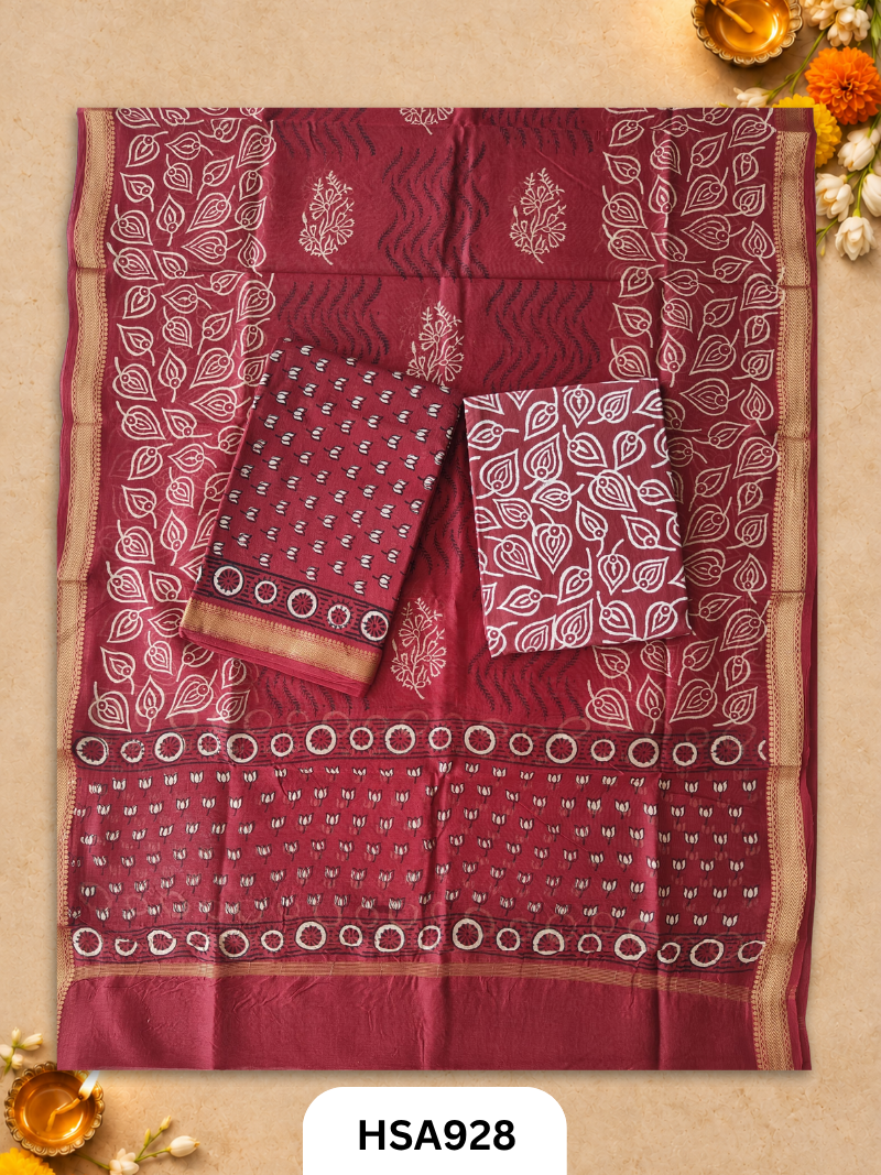 HandBlock Printed Maheshwari Silk Zari Border Top & dupttas 2.5 Mtrs | Bottom cotton 2.50 mtrs