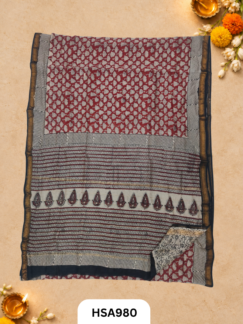 Pure Maheswari Silk Cotton - Handblock Print Saree With Blouse