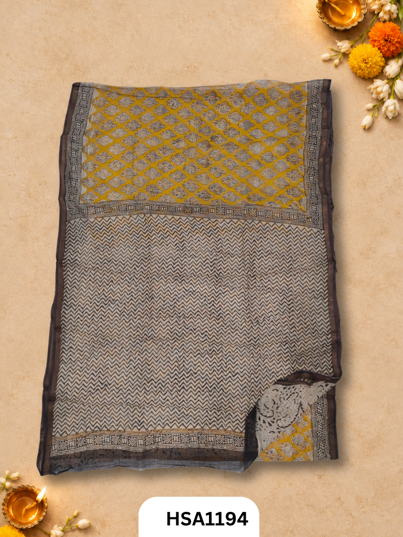 Hand Block Printed Kota Doriya Saree with Blouse
