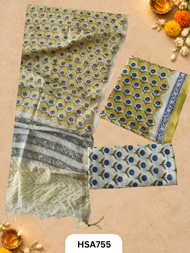 HandBlock Printed Chanderi Silk Dupatta With Cotton Suits -Top 2.5M Duptta 2.5M