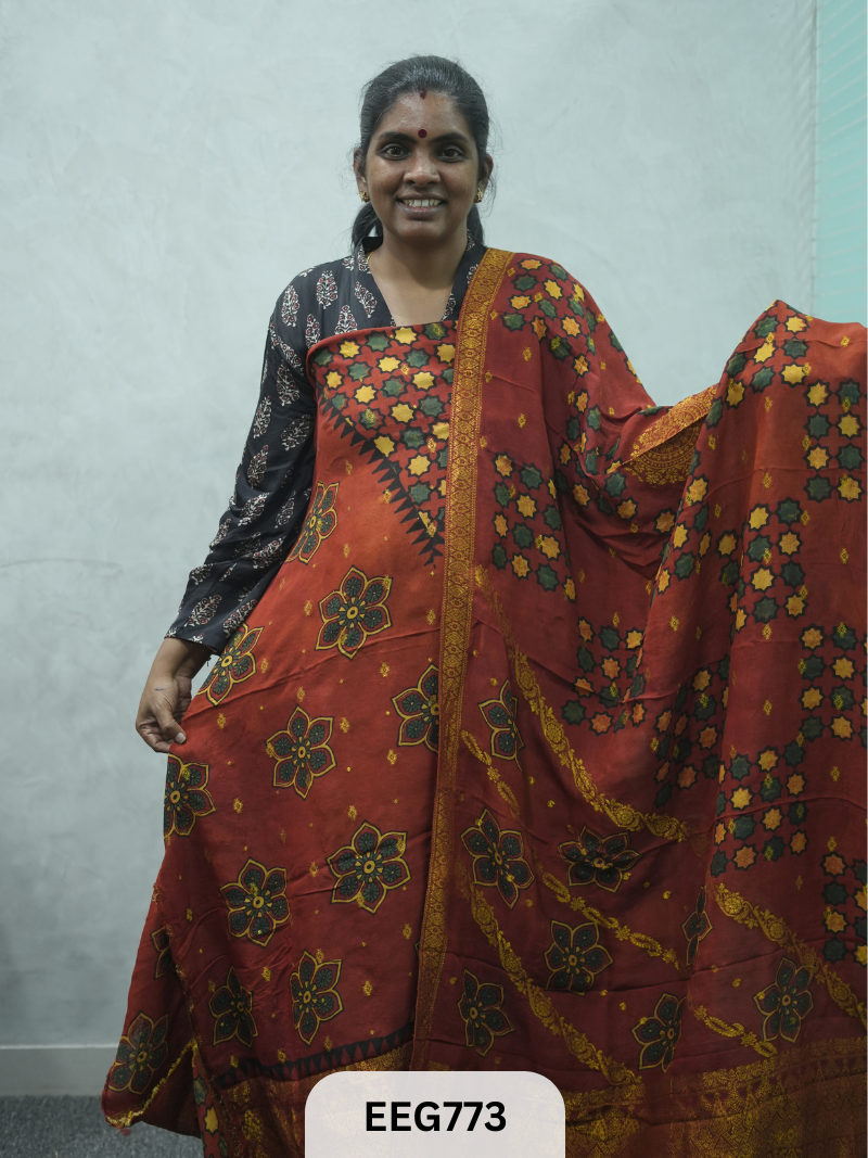 AJRAKH DOLA SILK 2 PCS-UNSTITCHED ( TOP 3.5MTR AND DUPPATA 2.25MTR )