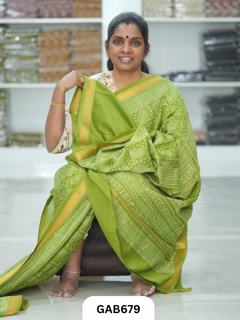 Hand Block Printed Maheshwari Silk Saree