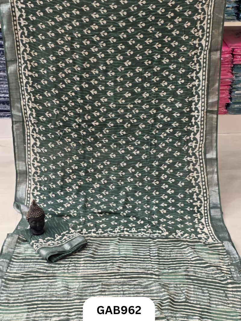 Bagru Handblock Print Linen Saree With Attached Blouse