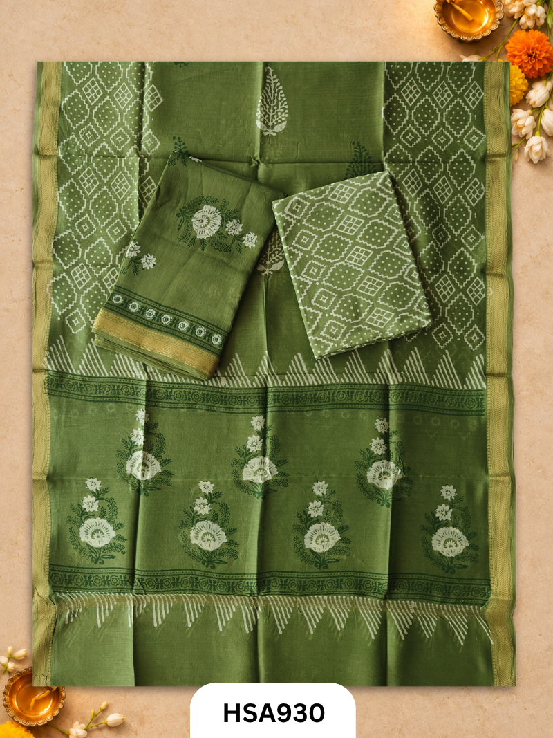 HandBlock Printed Maheshwari Silk Zari Border Top & dupttas 2.5 Mtrs | Bottom cotton 2.50 mtrs