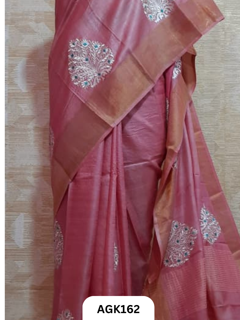 zari border tussar hand-dyed work machine embroidery. attached blouse piece