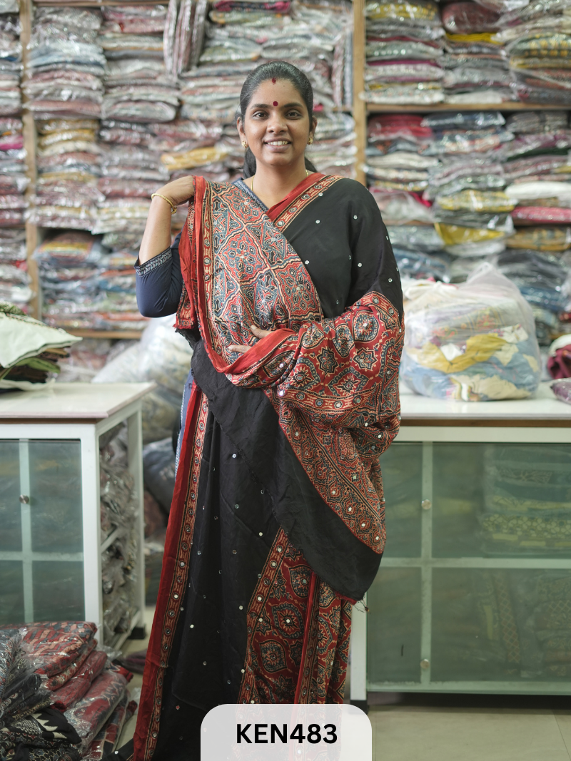 MODAL NATURAL AJRAKH HANDBLOCK SAREE WITH GLUE MIRROR