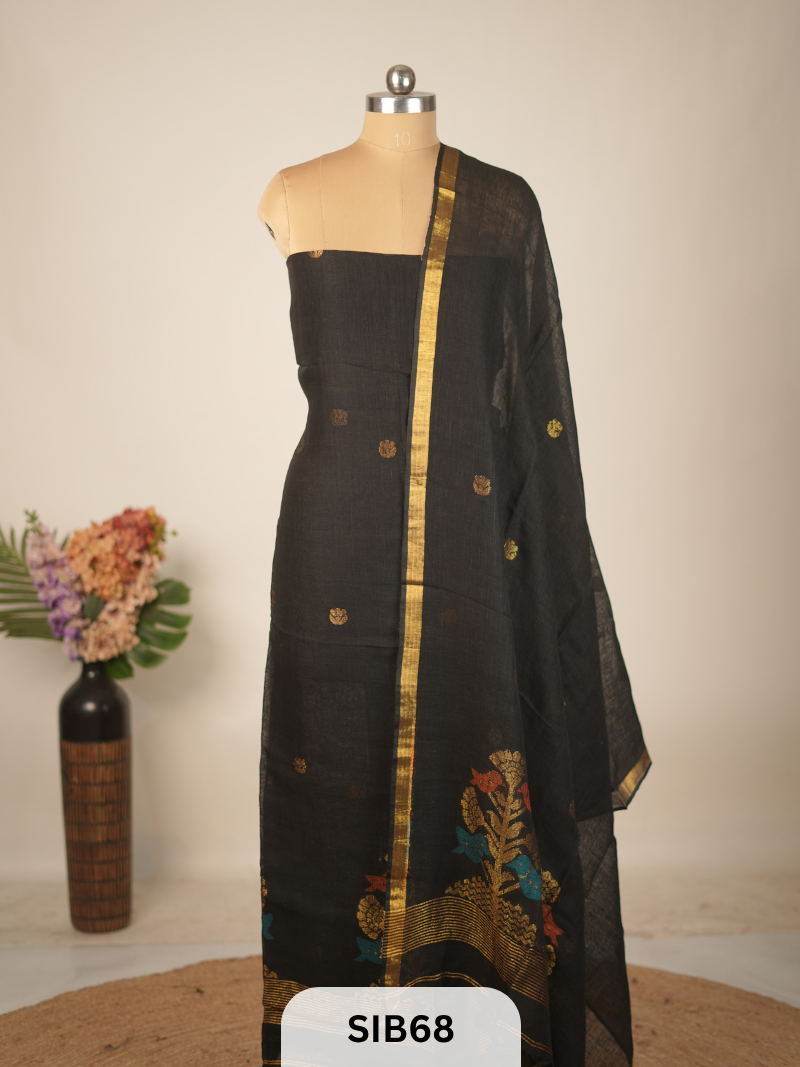FUSION PURE LINEN INTO KANCHIPURAM SALWAR SUIT - HANDLOOM