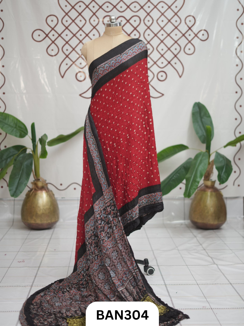 Modal Ajrakh With Bandhini Ladgi Patta Saree