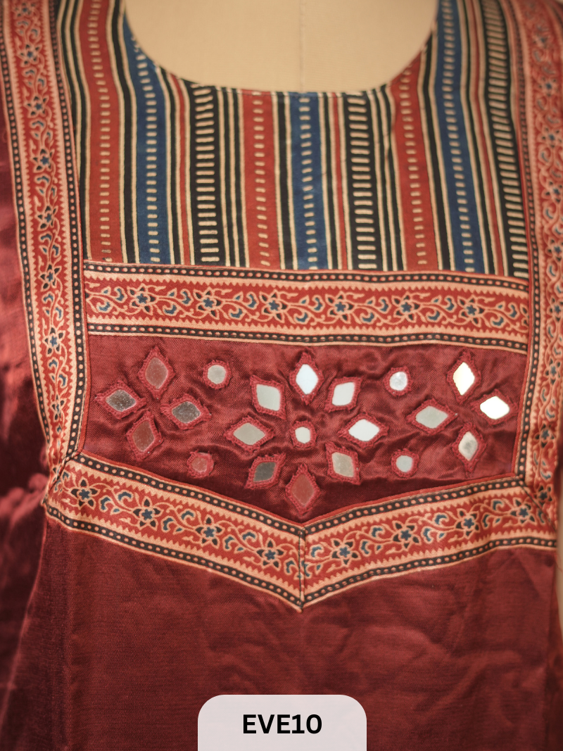 MASHRU KURTI WITH MIRROR WORK AND AJRAKH PRINT