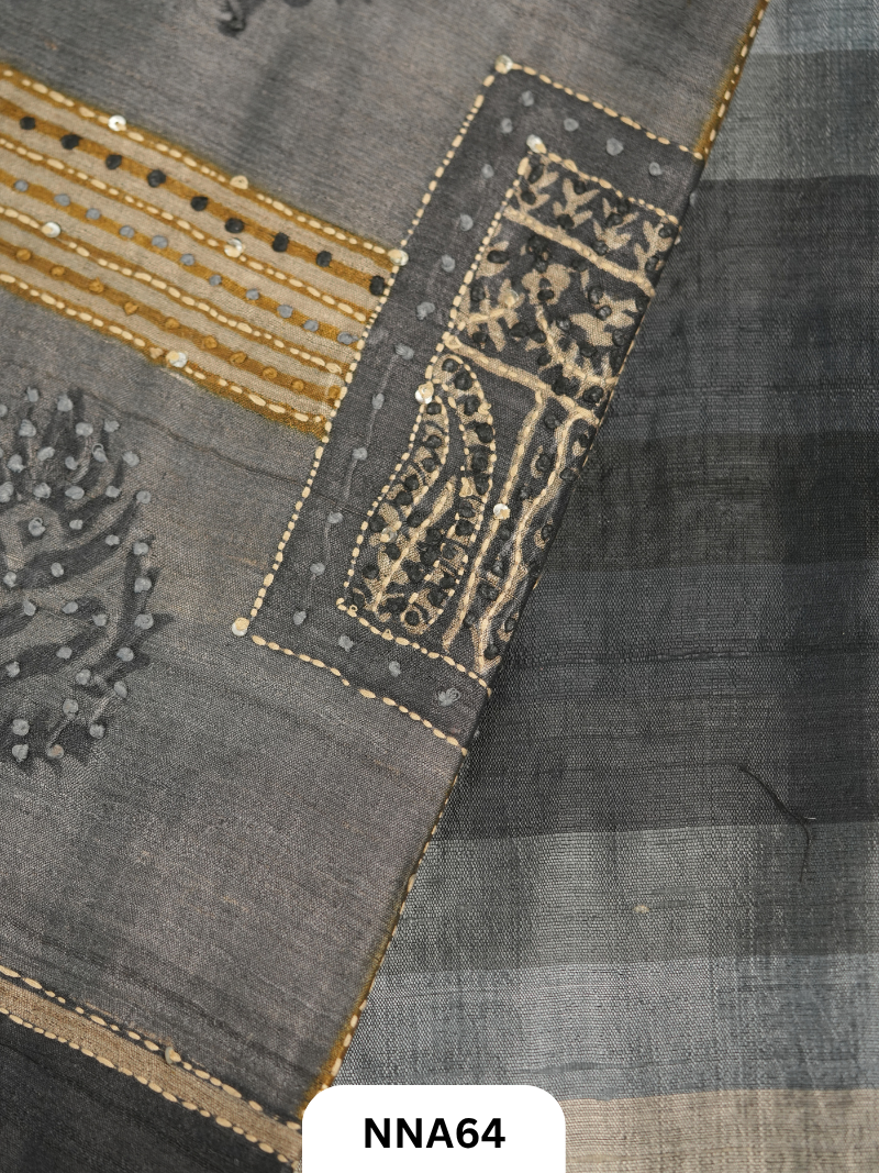 Handloom Pure Tussar Silk - Bullion With Kantha Stitch Saree