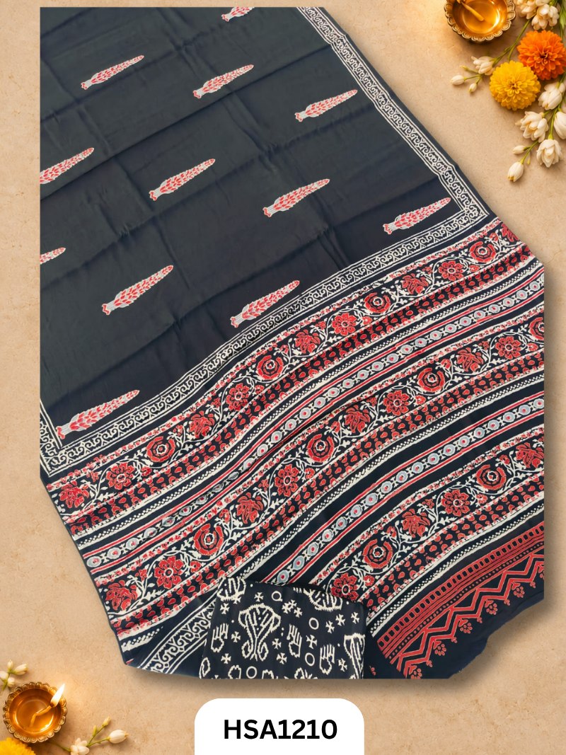 Hand Block Print Ajarkh Vanaspati Modal Silk Saree with blouse