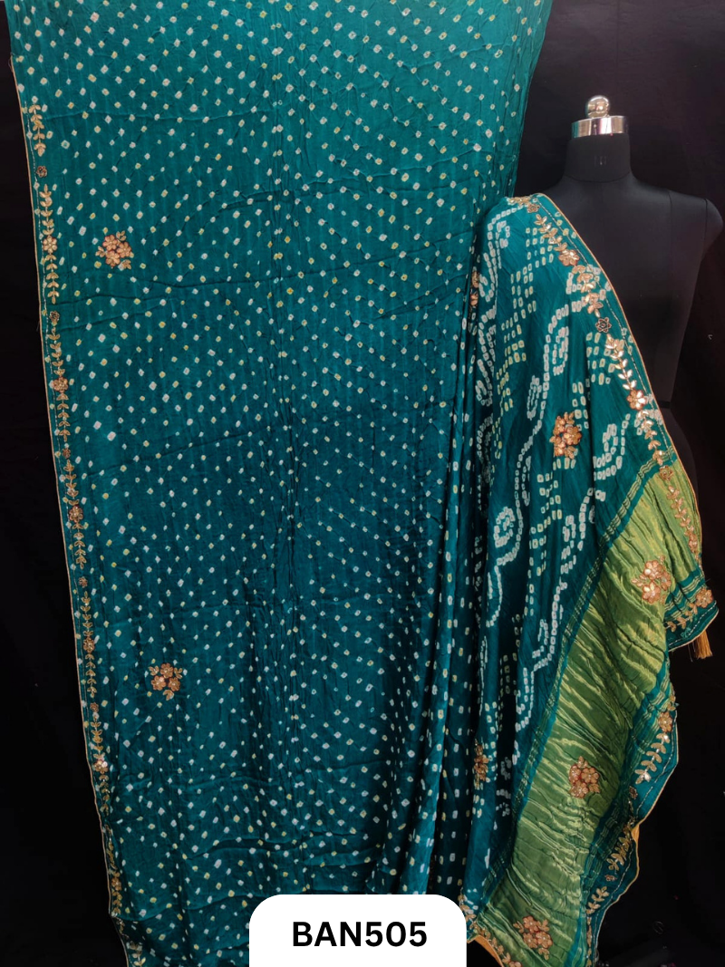 Semi gaji silk tissue pallu dani bandhej saree with khatli handwork