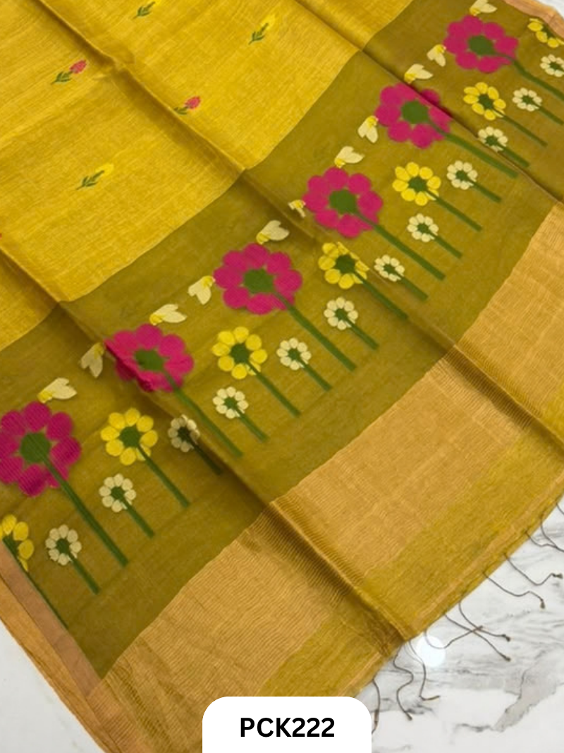 Pure Handloom Linen Silk Saree with Jamdani Weave