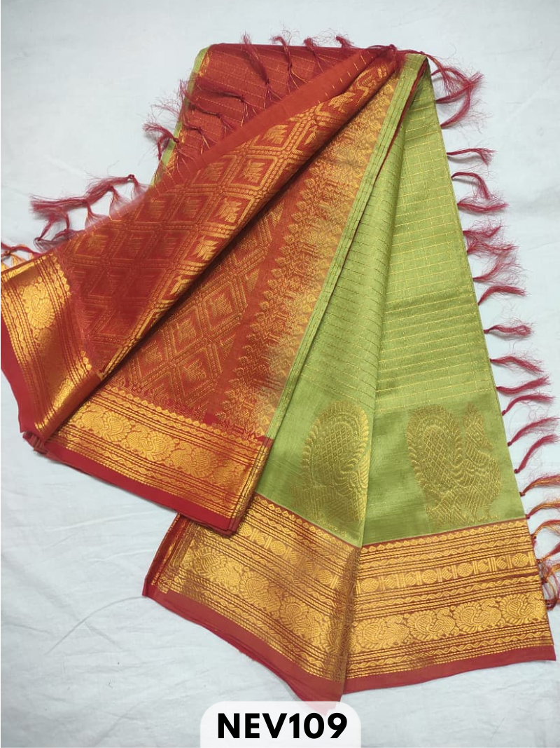 Handloom Silkcotton Long border zari checked butta with rich pallu saree