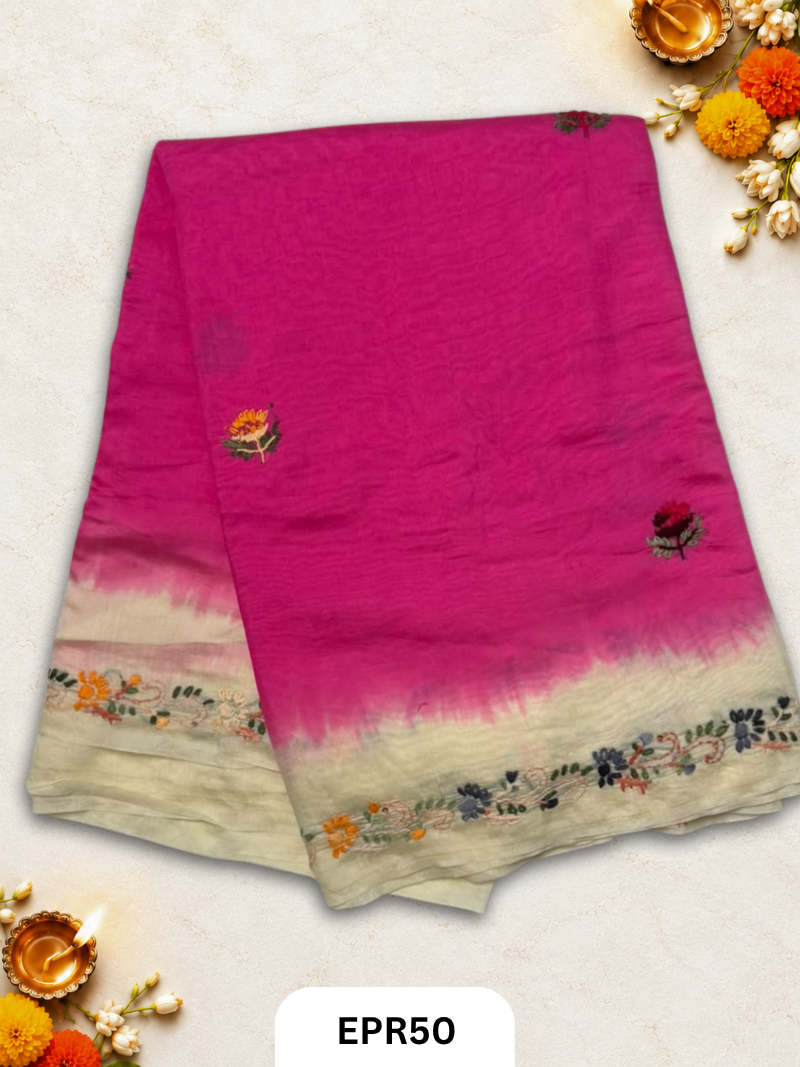 Pure Mul Chanderi With Embroidery Saree